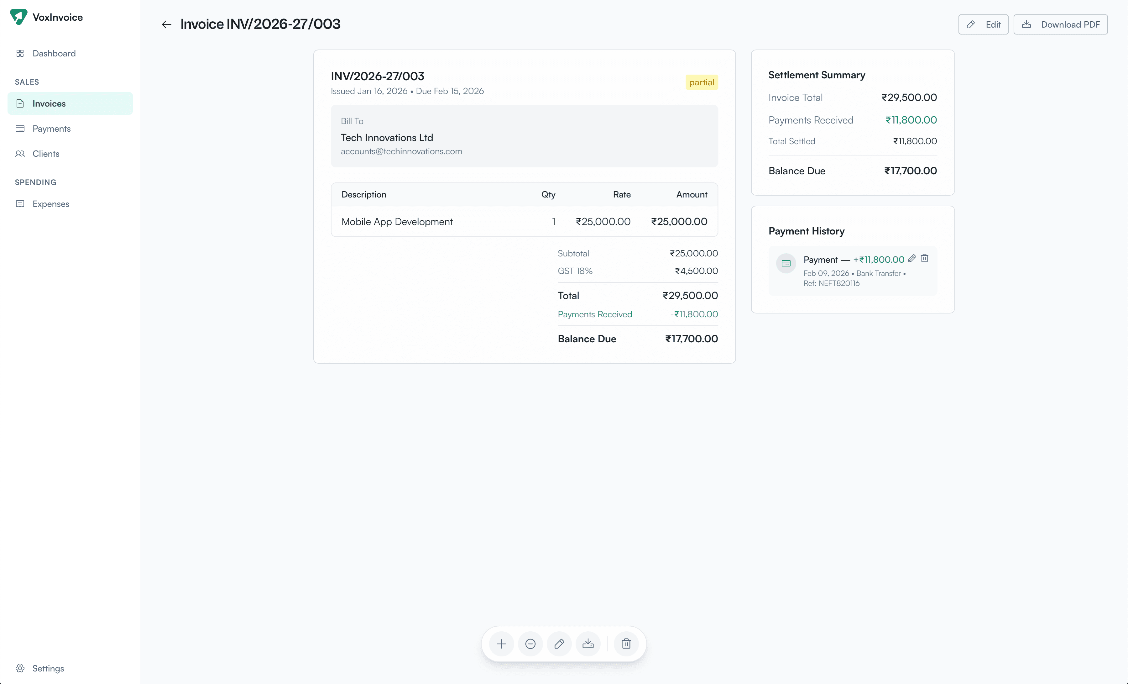 Invoice detail view showing settlement summary, payment history, and balance due