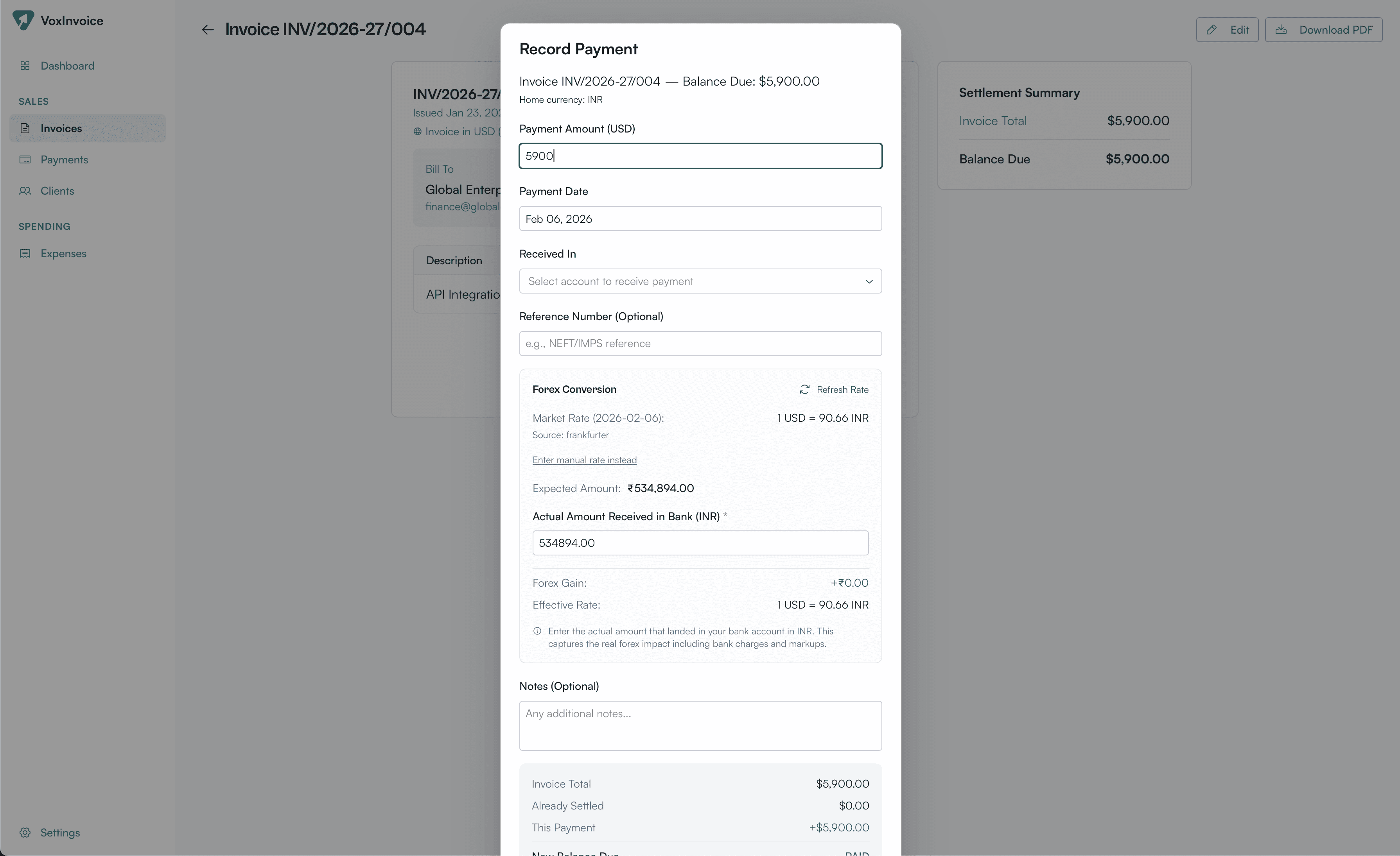 Forex payment dialog showing real-time currency conversion between USD and INR
