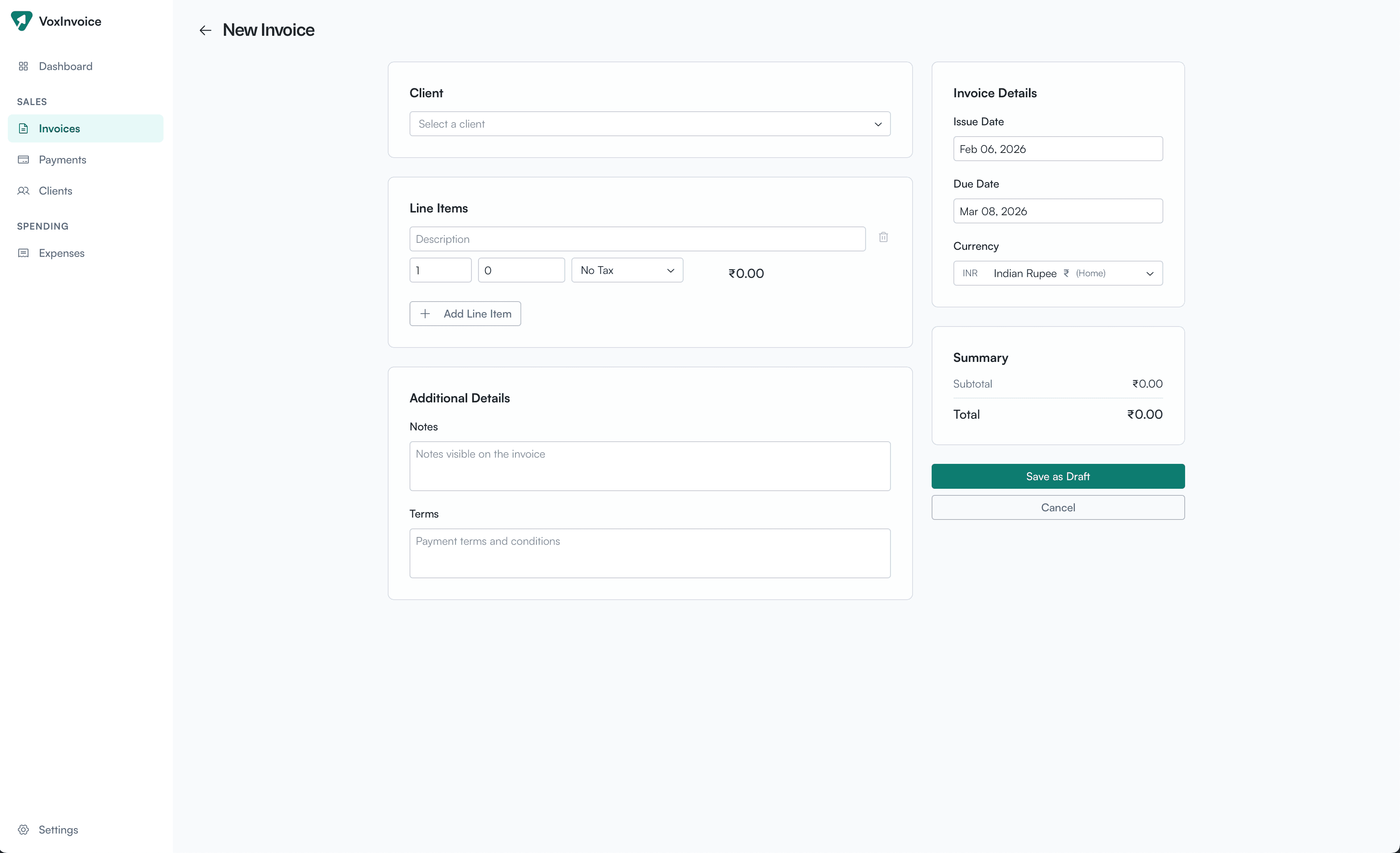New invoice creation form with client selection, line items, and tax calculation