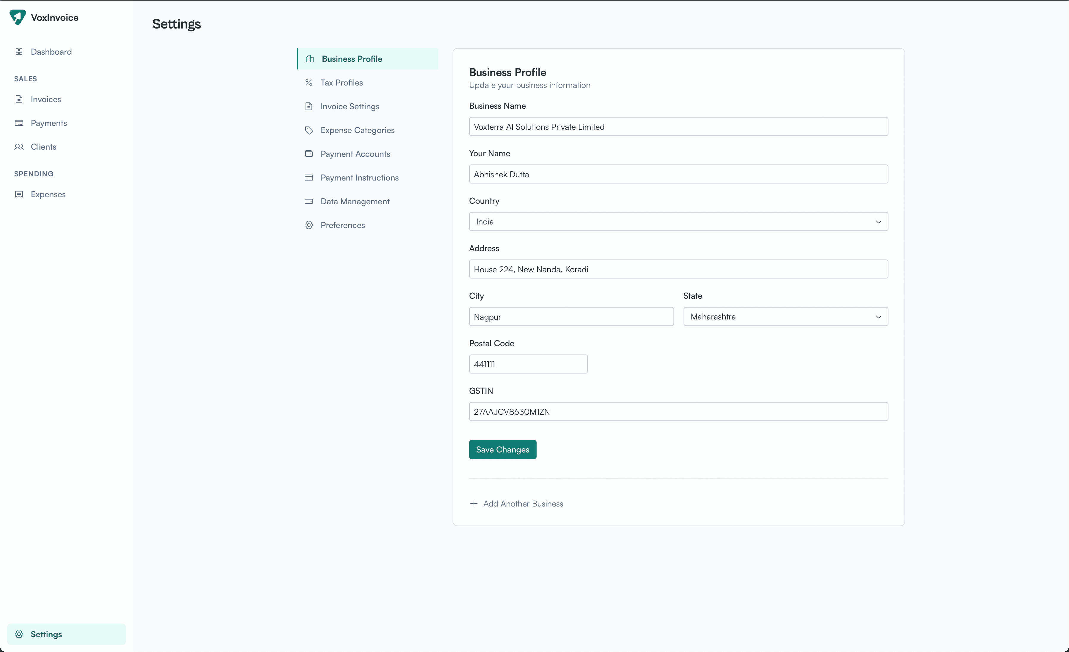 Business profile setup page with country, currency, and tax configuration