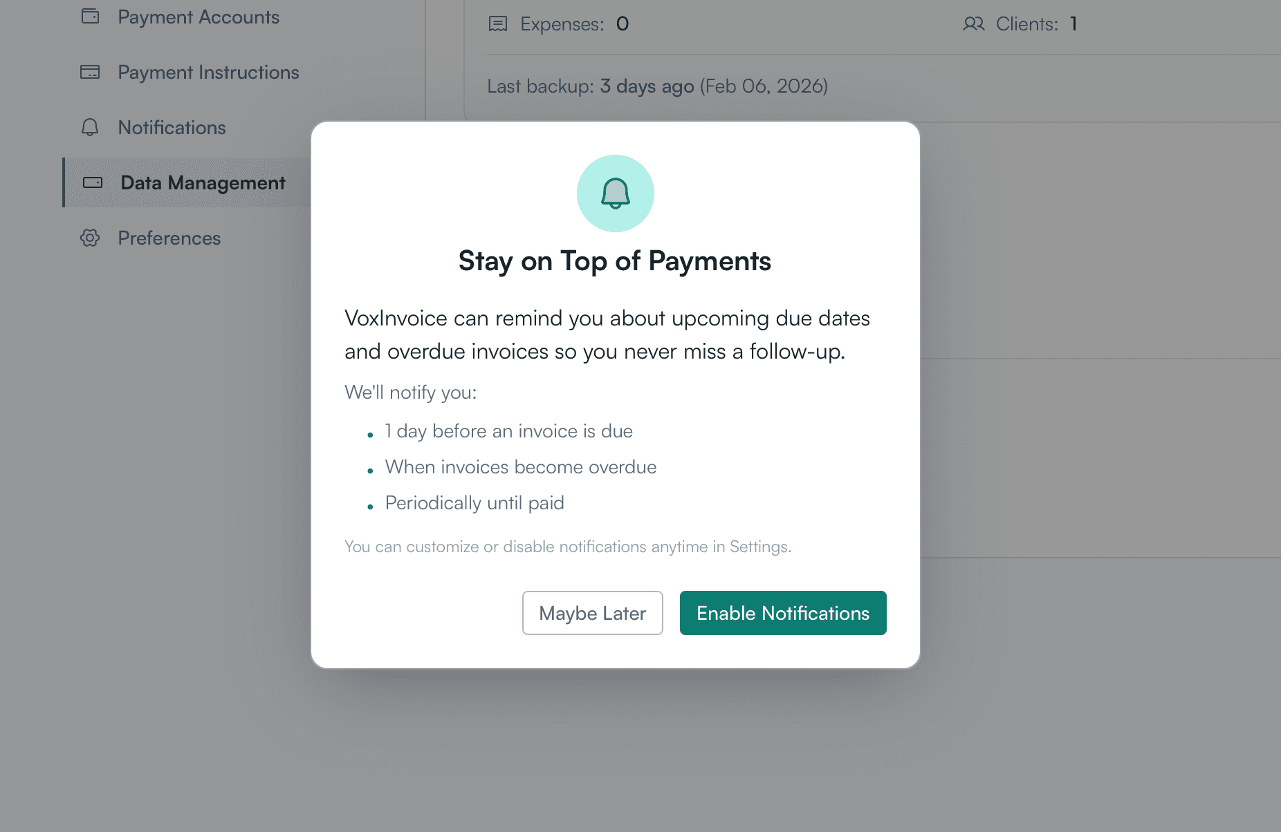 Notification permission dialog prompting to enable payment reminders for due and overdue invoices