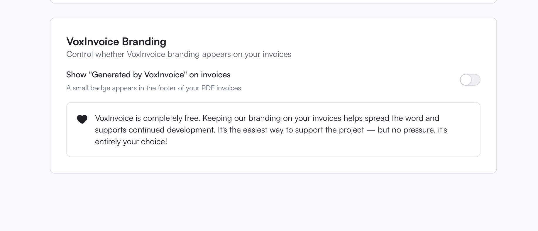 VoxInvoice branding settings with toggle to show or hide the Generated by VoxInvoice badge on invoices
