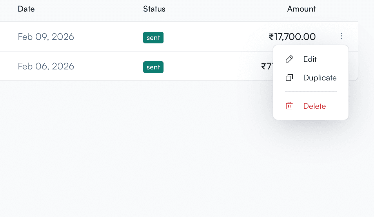 Invoice list showing the three-dot context menu with Edit, Duplicate, and Delete options