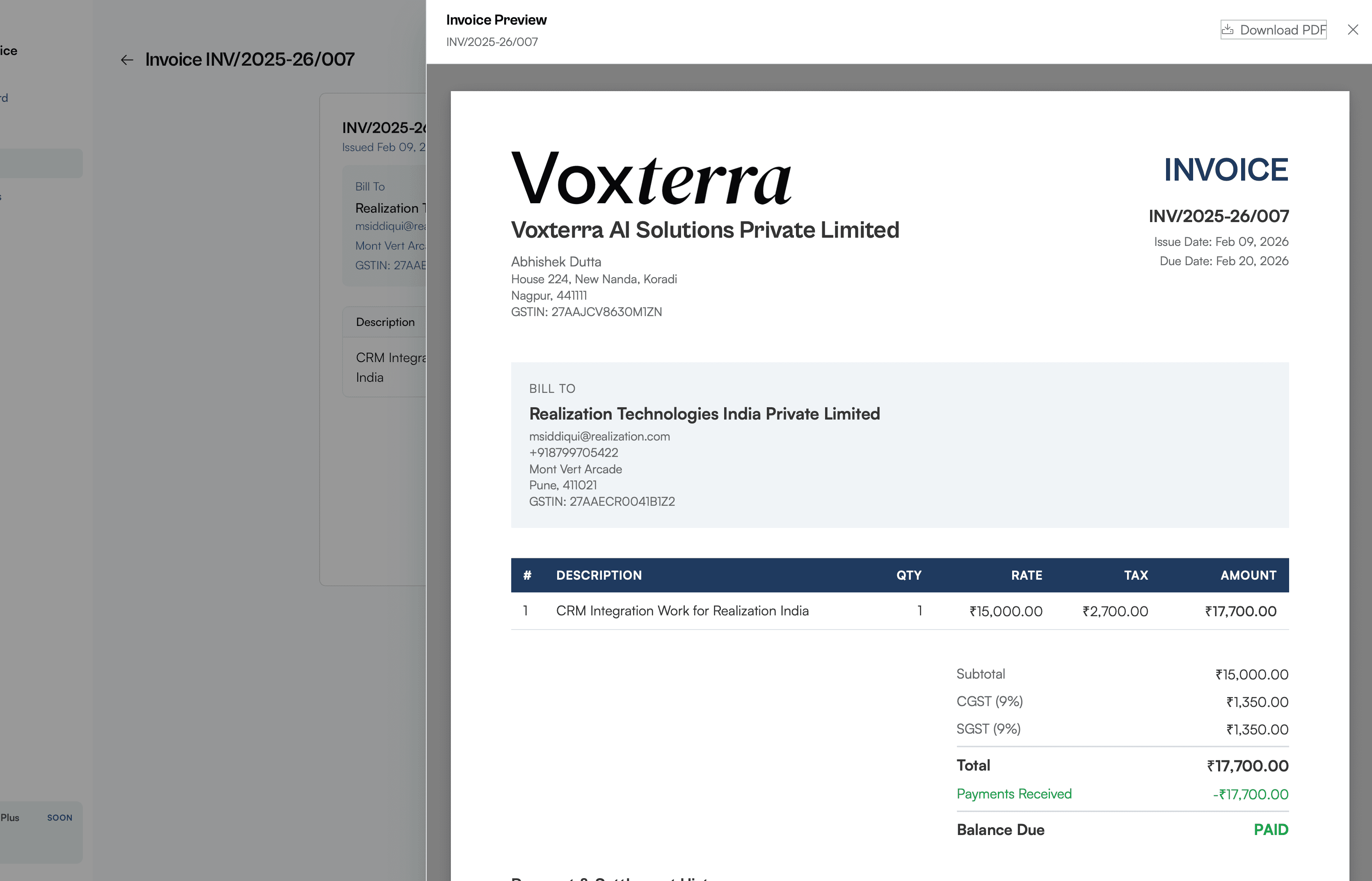 Invoice preview panel showing the full PDF render with business details, line items, taxes, and payment status
