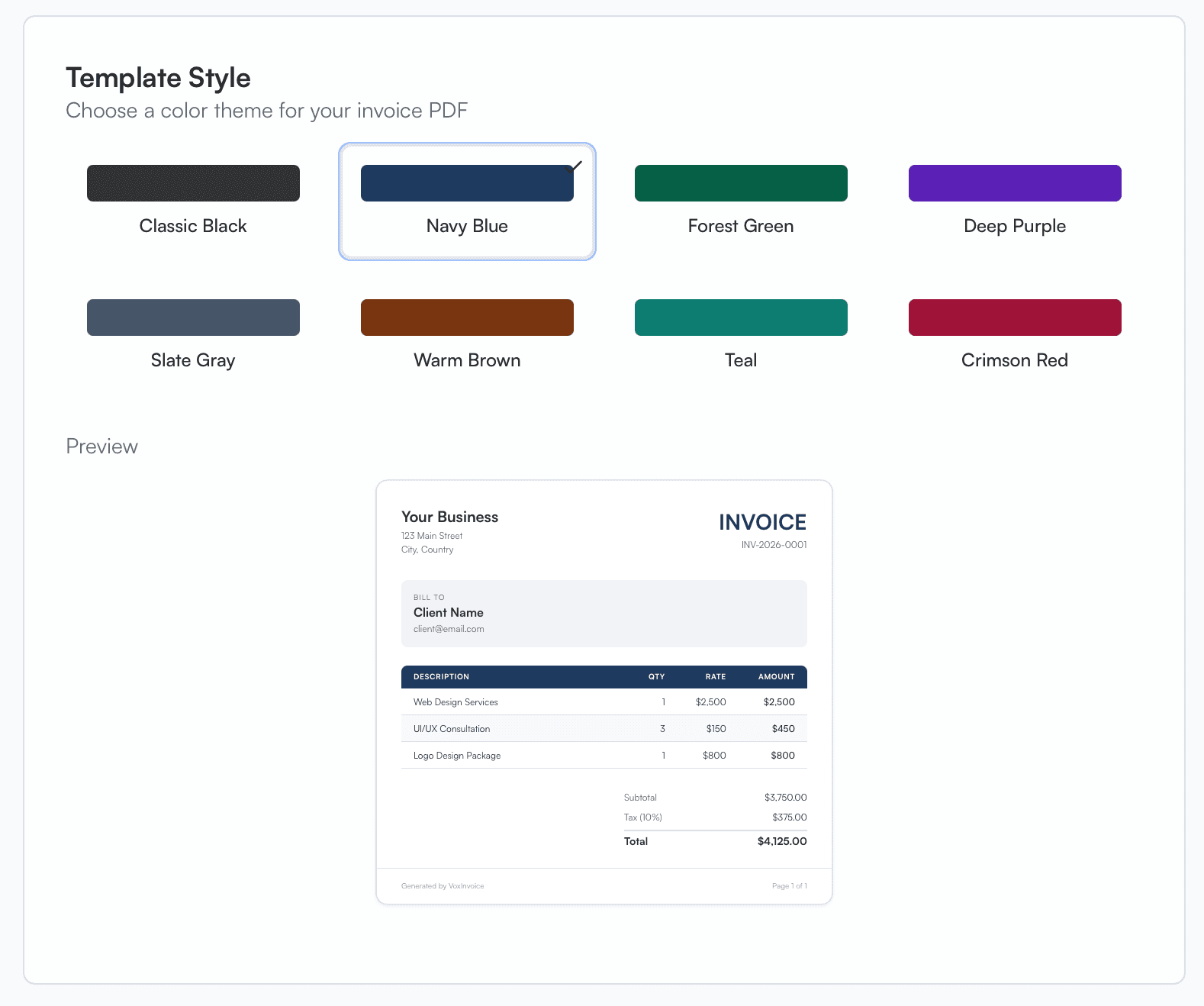 Template Style settings showing eight color theme options with a live invoice preview below