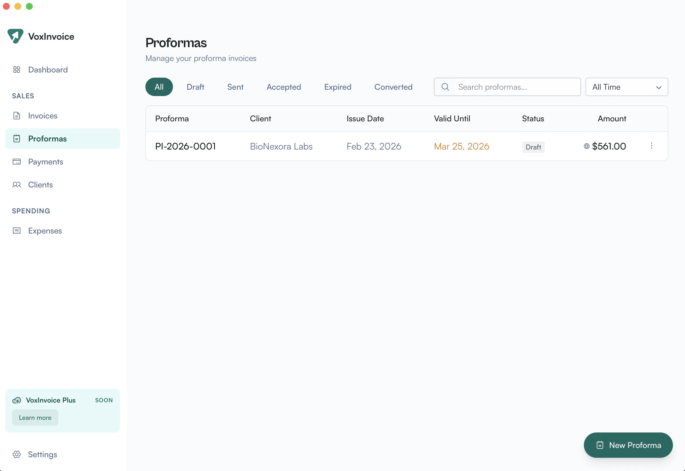 Proforma invoice detail view showing the proforma badge, line items, and Convert to Invoice action